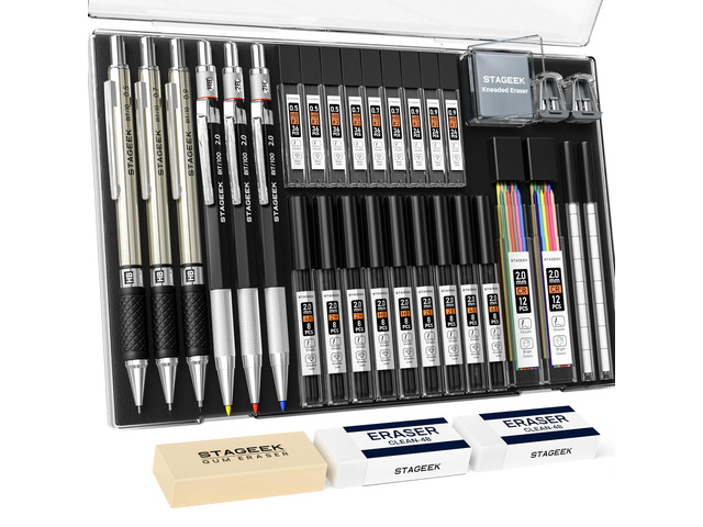 34PCS Mechanical Pencil Set with Case, 0.5, 0.7, 0.9 3PCS 2mm Drawing Pencils with 384PCS Lead Refills (6B 4B 2B HB 2H 4H Color), Erasers,...