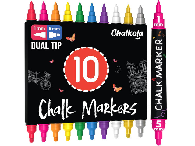 Dual Tip Liquid Chalk Markers for Blackboard, Chalkboard, Window (10 Pack, 1mm+5mm Fine, Bold Tip, w/ Gold Silver) - Wet Erase, Erasable Chalk Pens...
