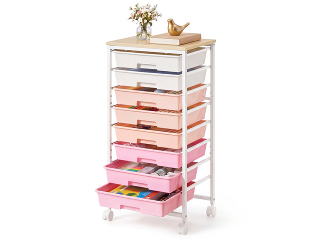 Rolling Cart with Drawers, Craft Organizers and Storage Pink and White, Wooden Tabletop, 8 Drawers, Office, Classroom, Craft Room, Dorm, 15.6 x...