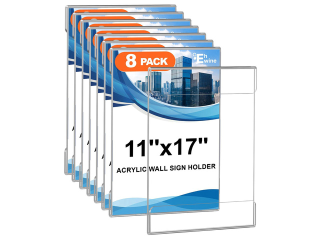 Acrylic Sign Holder 11 x 17 Wall Mount with Tape, 8 Pack Vertical Sturdy Clear Vertical Wall Display with Secure Adhesive for Smooth Surfaces and...