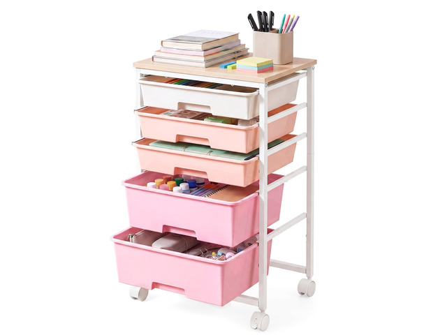 Rolling Cart with Drawers,5 Drawers Storage Cart, Pink Utility Cart, Craft Organizers and Storage, 15.6 x 11.2 x 24.8 inch, for Classroom, Office,...