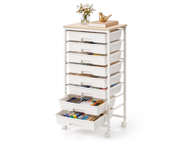 Rolling Cart with Drawers, Craft Organizers and Storage, White Wooden Tabletop, 8 Drawers, Office, Classroom, Craft Room, Dorm, 15.6 x 11.2 x 30.1...