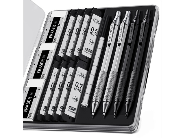 4PCS Metal Mechanical Pencil Set, 0.5mm+0.7mm, Storage Case, BlackSilver 480 Lead Refills, 3 Erasers, 9 Eraser Refills, Smooth Writing, Anti Grip,...