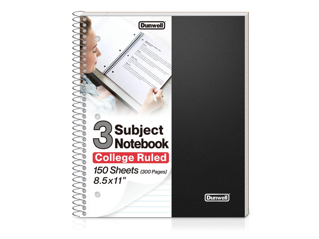 3-Subject Spiral Notebook, College Ruled, 150 Sheets, Black 3 Subject Sections, College Ruled Pages, 150 Sheets, Durable Covers, 3-Hole Punched