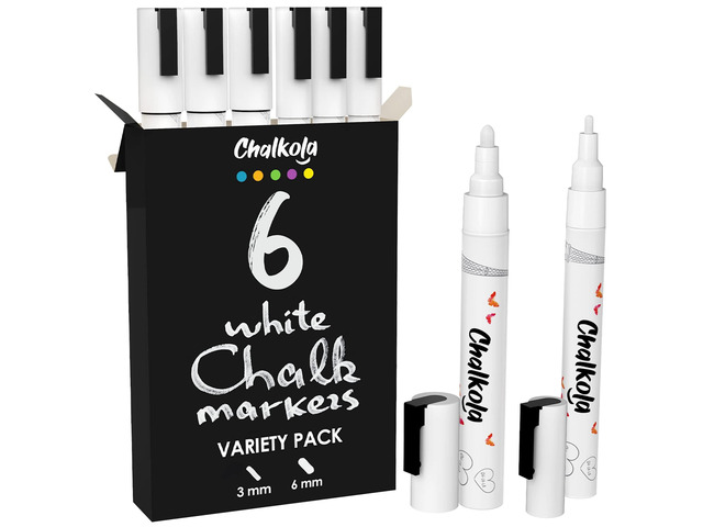 6 White Dry Erase Chalk Markers for Chalkboard Signs - 3mm + 6mm Liquid Chalk Pens for Blackboard, Car Window, Glass, Bistro - Variety pack - (3x)...