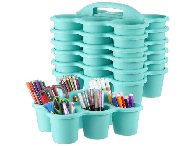 6 Pack Classroom Caddy Organizer with Handle, 6 Compartments, Blue Stackable Plastic Table Caddies, 12x9x3.5 In, caddy Organizer for School...