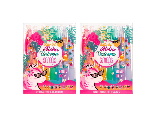 Glitter Gel Smens (2 Pack) - Aloha Unicorn Scented Pens, Colored Glitter Gel Ink, Medium Point, 8 Count