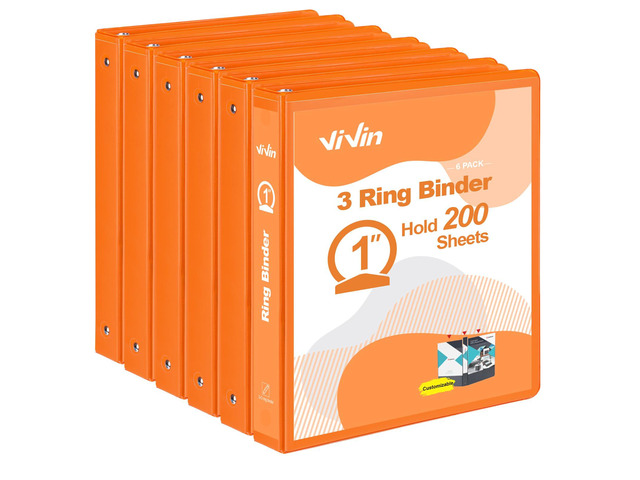 1 Inch Round Ring View Binder for Durability, 6-Pack (Orange) Standard 3 Ring Binder for 200 Sheets of US Letter Size Paper, PVC-Free, Clear View...