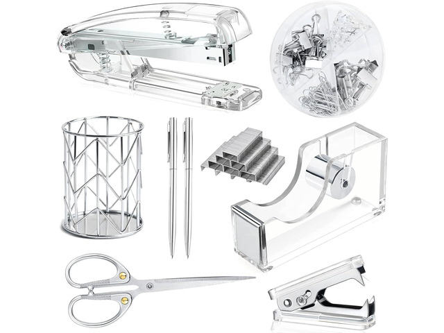 Office Desk AccessoriesOffice Supplies Set Acrylic Stapler Set Staple Remover, Tape Holder, Pen Holder, 2 Ballpoint Pen, Scissor, Binder Clips,...