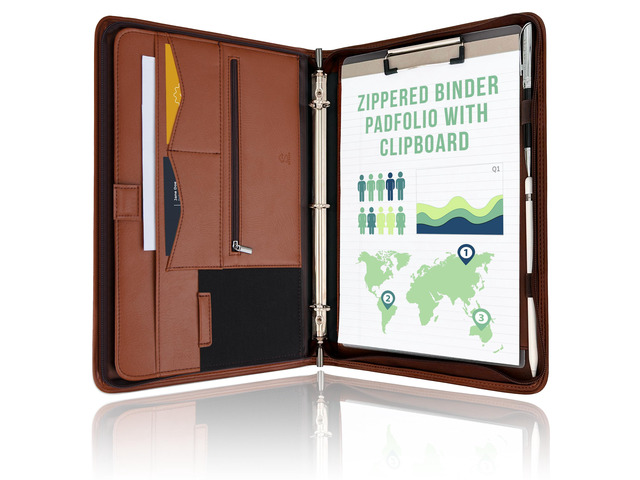 Zipper Portfolio Padfolio 3 Ring Binder (1') and Clipboard Folio (Removable) Portfolio Organizer for Documents, Tablet, Phone Faux Leather...