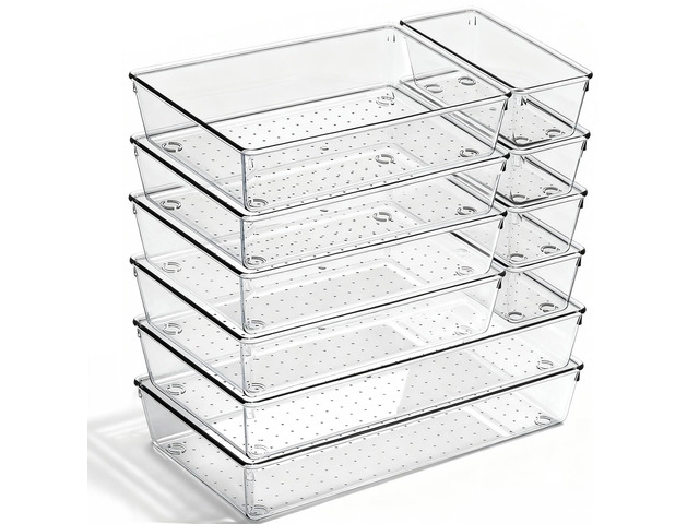 10 Pack Large Drawer Organizer Bins - Clear Plastic Bathroom Drawer Organizer Trays - Heavy Duty Kitchen Drawer Dividers for Utensils - Non-Slip...