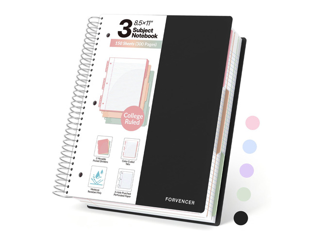 3 Subject Notebook College Ruled, Spiral Notebooks, 8.5' x 11' 3Hole Punched Perforated Page, 3 Colored Movable Dividers, 150 Sheets, Fights Ink...