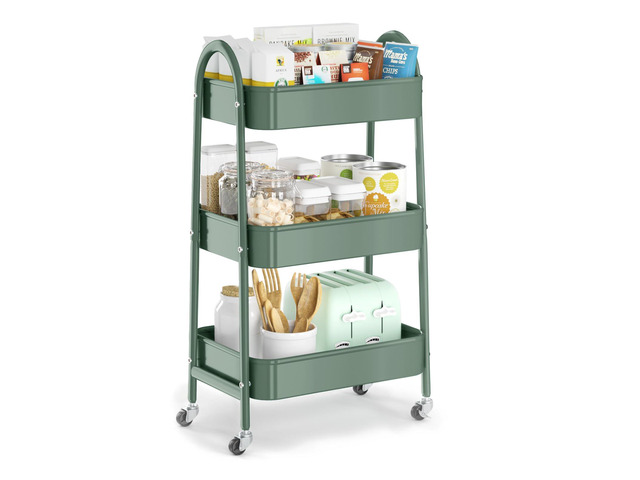 3 Tier Utility Rolling Cart, Metal Storage Cart with Handle and Lockable Wheels, Multifunctional Storage Organizer Trolley with Mesh Baskets for...