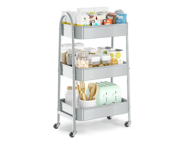 3 Tier Utility Rolling Cart, Metal Storage Cart with Handle and Lockable Wheels, Multifunctional Storage Organizer Trolley with Mesh Baskets for...