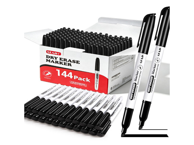 Chisel Tip Dry Erase Markers, 144 Pack, Black 1s Quickly Dry, Low Odor, Ideal for Office, Meetings & Team Use, Featuring Versatile Lines and...