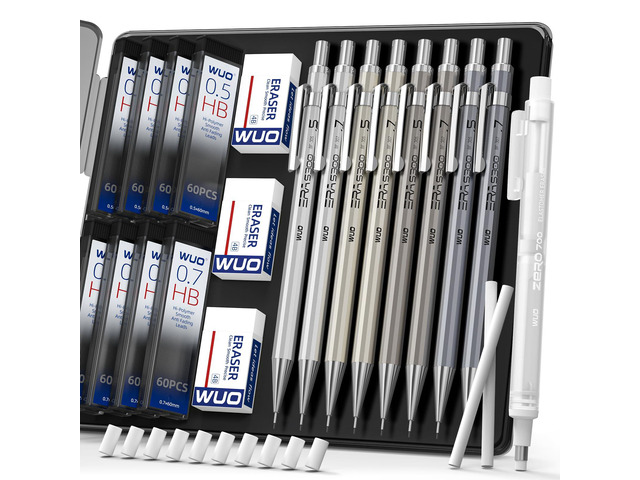 0.5 & 0.7mm Metal Mechanical Pencil Set, 8-Pack with Eraser Pen and Case 480 HB Lead Refills, 3 Erasers + 10 Eraser Refills, Two Sizes, for Writing,...