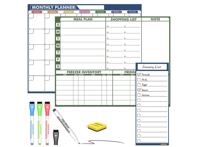 Magnetic Dry Erase Calendar for Refrigerator, Fridge Whiteboard Calendar Magnet Meal Planner Menu Board with Magnetic list, Dry Erase Markers and...