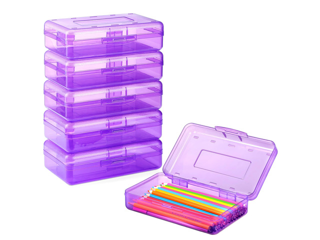 Plastic Pencil Case Box 6 Pack, Colored Large Craft Storage Bulk Plastic Containers with Snap-tight Lids, Hobby Art School Supply 0rganizer, Marker...