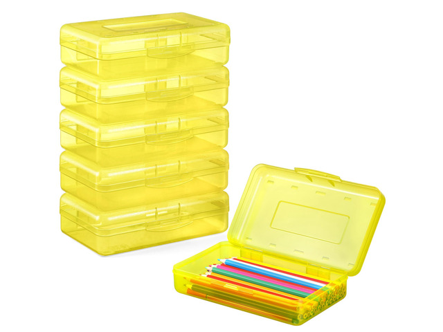 Plastic Pencil Case Box 6 Pack, Colored Large Craft Storage Bulk Plastic Containers with Snap-tight Lids, Hobby Art School Supply Organizer, Marker...