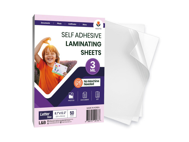 No-Heat Self-Stick Laminating Sheets, 8.7x12.2 in, 3 Mil, 50 Pack 50 self-adhesive cold laminating sheets, 8.7x12.2 in letter size, 3 mil. No...