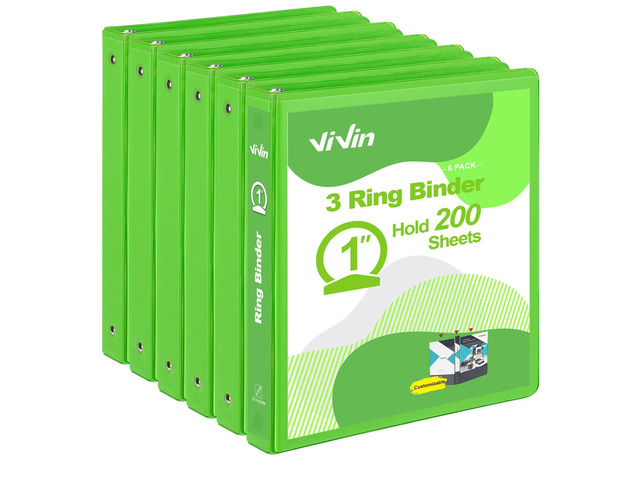 1 Inch Round Ring View Binder for Durability, 6-Pack (Ivy Green) Standard 3 Ring Binder for 200 Sheets of US Letter Size Paper, PVC-Free, Clear...