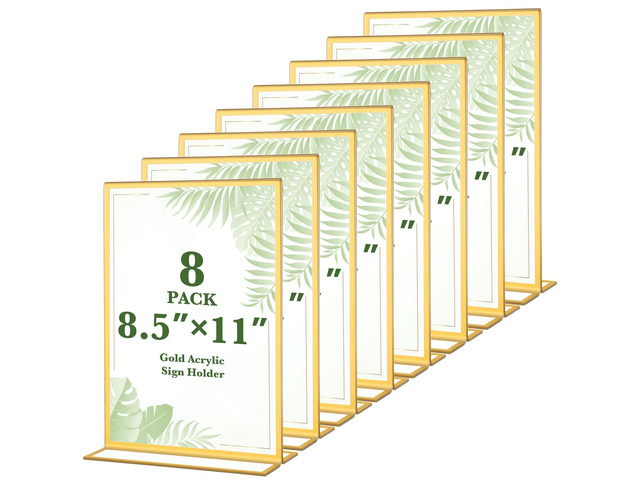 8 Pack Gold Acrylic Sign Holders 8.5x11 Inch Table Menu Display Holders Double Sided Vertical Stand Clear Frames for Wedding Table Numbers,...