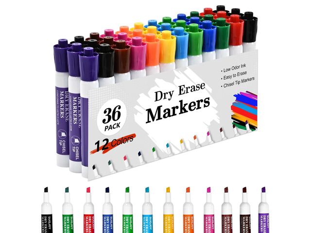 Dry Erase Markers, Chisel Tip Whiteboard Markers, Low Odor Dry Erase Marker, 36 Bulk 12 Assorted Color Markers for Kids/Teachers