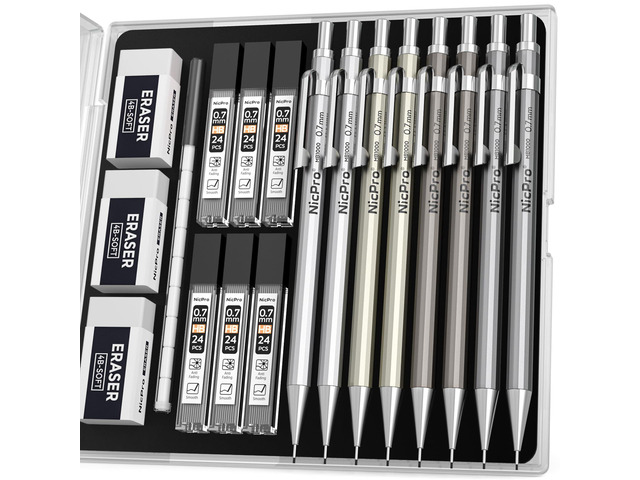 8 Pack Mechanical Pencil 0.7mm, MB1000 Metal Mechanical Pencil Set 6 Tube HB #2 Lead Refill 0.7 mm, 3PCS 4B Eraser, 9 Cap Eraser with Case for...