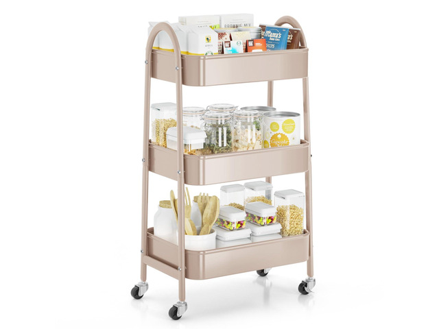 3 Tier Rolling Cart, Large Metal Storage Cart with Handle and Lockable Wheels, Big Multifunctional Storage Organizer Trolley with Mesh Baskets for...