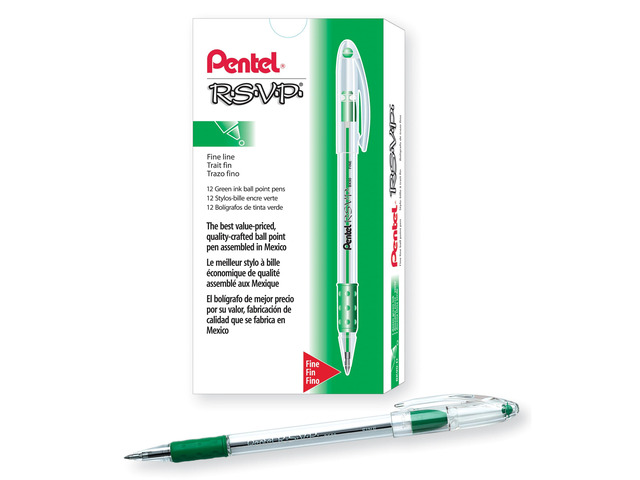 RSVP Ballpoint Pen, (0.7mm) Fine Line, Green Ink, Box of 12 (BK90-D)