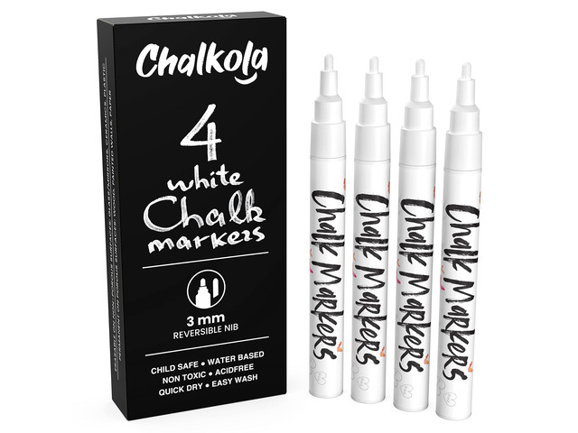 Liquid White Chalk Markers Fine Tip (4 Pack 3mm) for Blackboard, Chalkboard Erasable White Wet & Dry Erase Chalk Pens for Windows, Signs, Glass,...