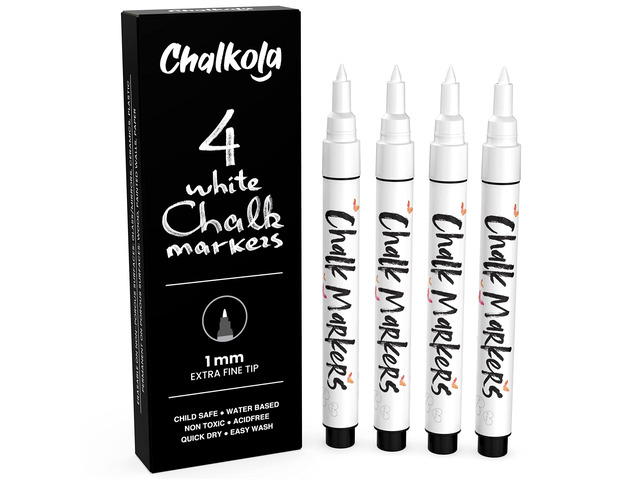 Extra Fine Tip White Chalk Markers (4 Pack 1mm Point) Chalk Pens - White Dry Erase Marker Pen for Blackboard, Chalkboards, Windows, Glass, Bistro,...