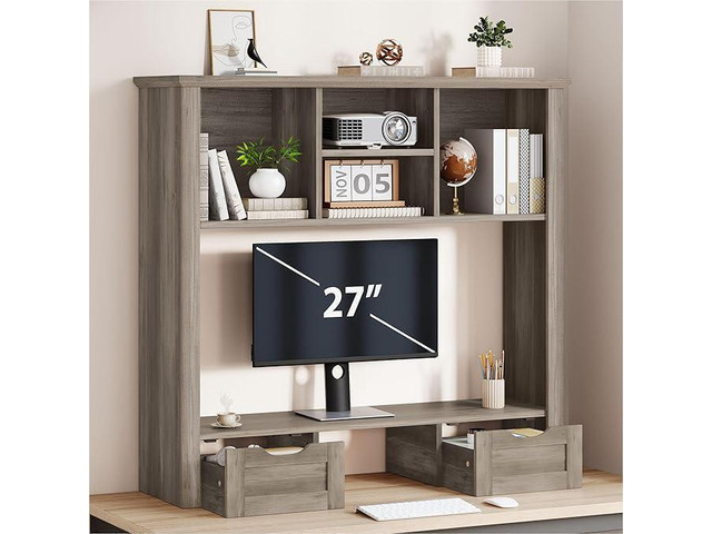 Desk Shelf with Computer Monitor Stand, 37.4''W Desktop Bookshelf Display Rack, Desktop Organizer Storage Rack with Cubbies & Drawers, 5-Tier Hutch...
