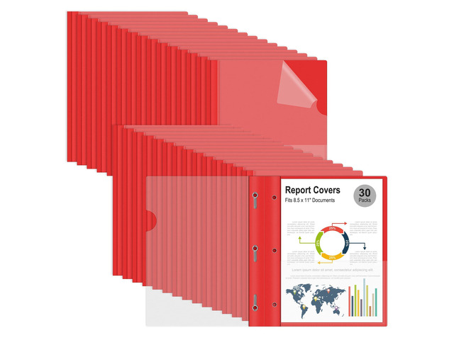 30 Packs Clear Front Report Covers with 3-Prong Fasteners, Plastic Project Presentation Folders Resume Document Covers with Red Back for 8.5' x 11'...