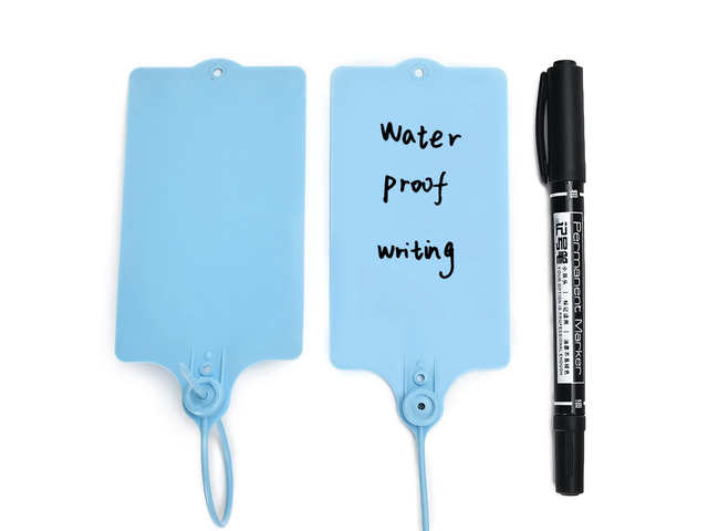 100 Plastic Shipping Tags - Waterproof, Writable, Hanging Tags with One Blue Marker Pen