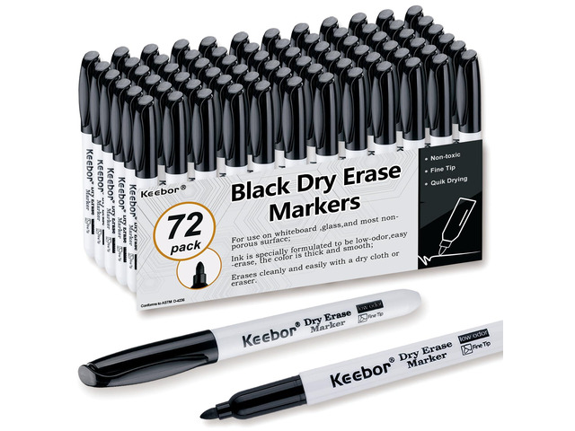 Fine Tip Dry Erase Markers - Bold Black, Long-Lasting ink, Low-Odor - 72 Pack Whiteboard Markers Bulk for Home, Office, Back to School Supplies