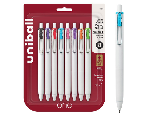 uniball one Gel Pens, Medium Point (0.7mm), Assorted Ink, 8 Pack Ink stays on top of paper fibers for crisp vivid lines, wire pocket clip, color...