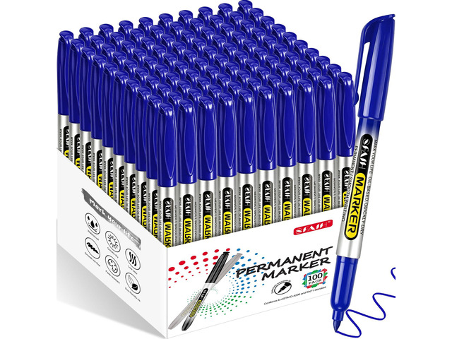 Blue Permanent Markers Bulk, 100 Pack Fine Point, Waterproof Smooth 1s Quick Drying, Long-Lasting, Ideal for Office, School, Warehouse, Business,...