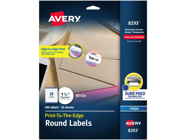 Matte White Round Labels, Sure Feed Technology, Permanent Adhesive, 1-1/2', 400 Labels (8293)