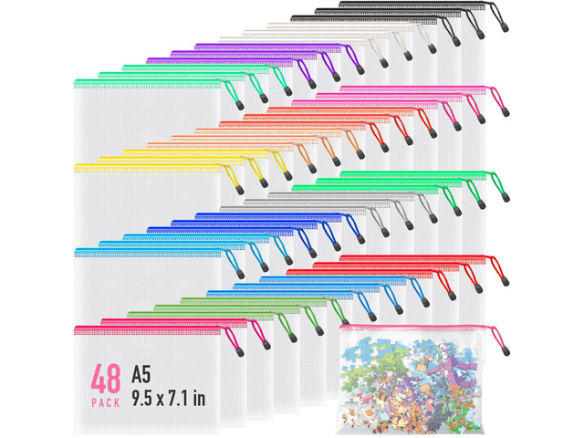 48 Pack A5 Mesh Zipper Pouches, 16 Colors Storage Organizer Bags 48 A5 Zipper Pouches Build a Complete Organization System for Families, Classrooms...
