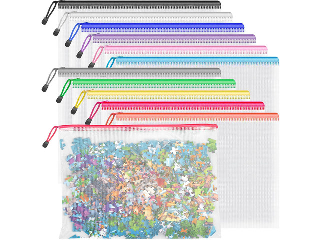 12 Pack A4 Reusable Mesh Zipper Bags, Color Coded File Storage Pouch A4 Pouches Organize Office Documents, Travel & Game Supplies; Waterproof Color...