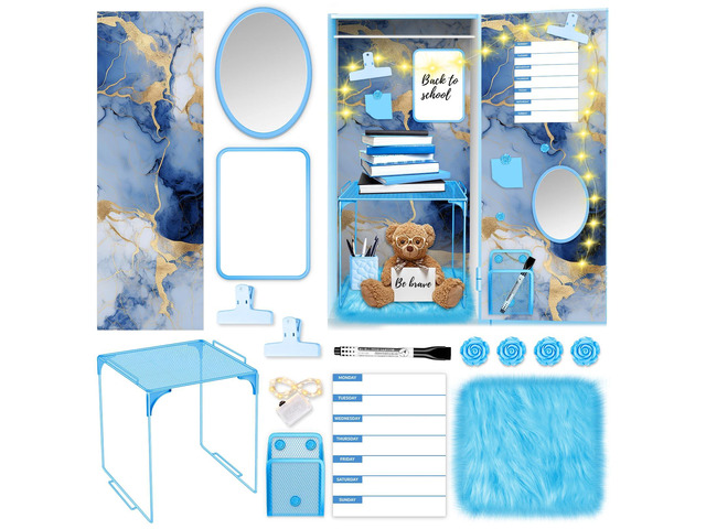 Blue Locker Accessories Kit with Locker Magnetic Wallpaper Magnetic Shelf Whiteboard Mirror Rug Pen Holder Clips Planner School Locker Accessories...