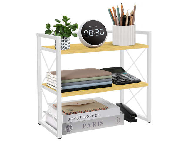 Desktop Shelf Organizer, 2 Tier Office Shelves, Wood Desk Organizer Storage Rack and Freestanding Display Shelf for Office, Dormitory, Home (White...