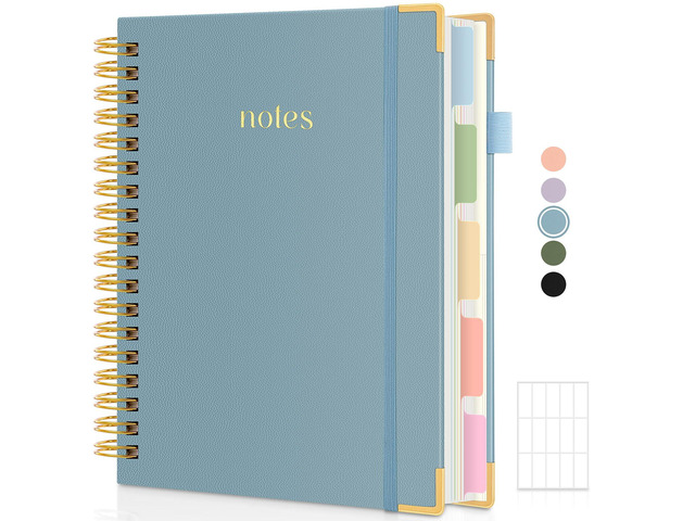 5 Subject Notebook with Dividers and Tabs, 8' x 10' College Ruled Notebook for Work, 300 Pages Spiral Journal for Women, Blue