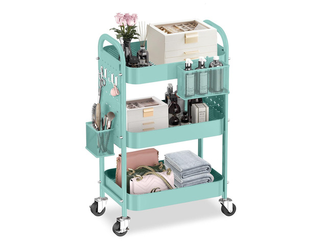 3 Tier Metal Rolling Utility Cart with Pegboards,Baskets,Hooks,Blue More Storage Craft Cart with Pegboards,Lockable Wheels,Hooks & Baskets to...