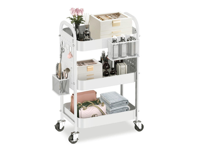 3 Tier Metal Rolling Utility Cart with Pegboards,Baskets,Hook,White More Storage Craft Cart with Pegboards,Lockable Wheels,Hooks & Baskets to...