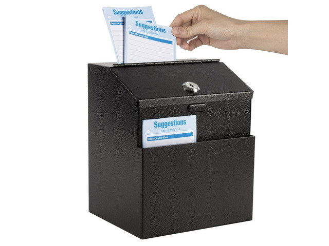 Suggestion Box with Slot and Lock, 50 Suggestion Cards, Black Employee Comment Collection, Wall-Mount or Tabletop Use, Steel Construction, 2 Keys,...