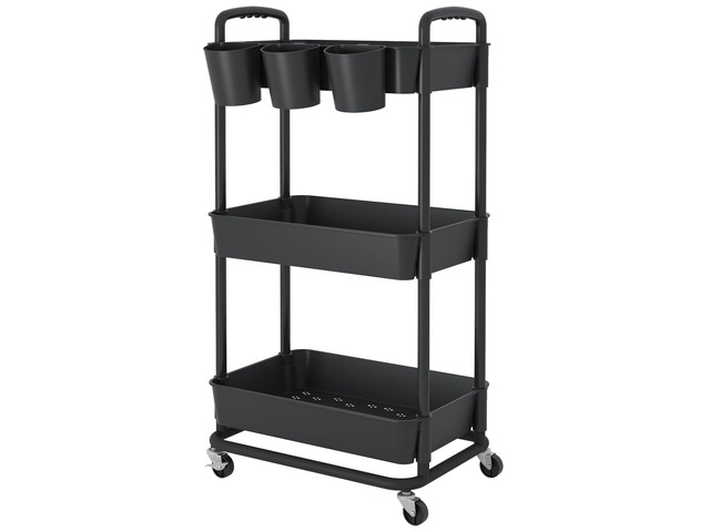 3-Tier Plastic Rolling Storage Cart Utility Cart Black Utility Cart with Extra Hanging Cups Arc-Shaped Handles Lockable Wheels for Living Room...