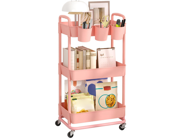 3-Tier Plastic Rolling Storage Cart Utility Cart Pink Utility Cart with Extra Hanging Cups Arc-Shaped Handles Lockable Wheels for Living Room...