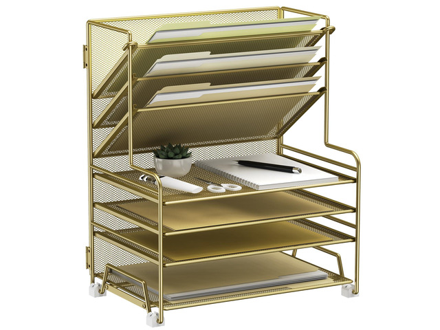 4-Tier Paper Organizer + 3-Pocket File Holder + Drawer + Pen Holders, Desktop File Organizers Paper Tray for Office Supplies School Classroom...